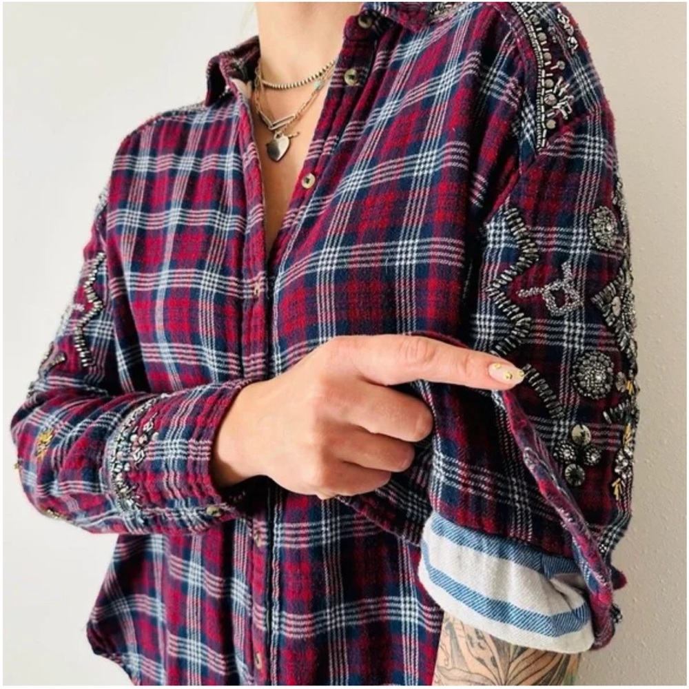 Free people downtown romance embellished button down shirt plaid small